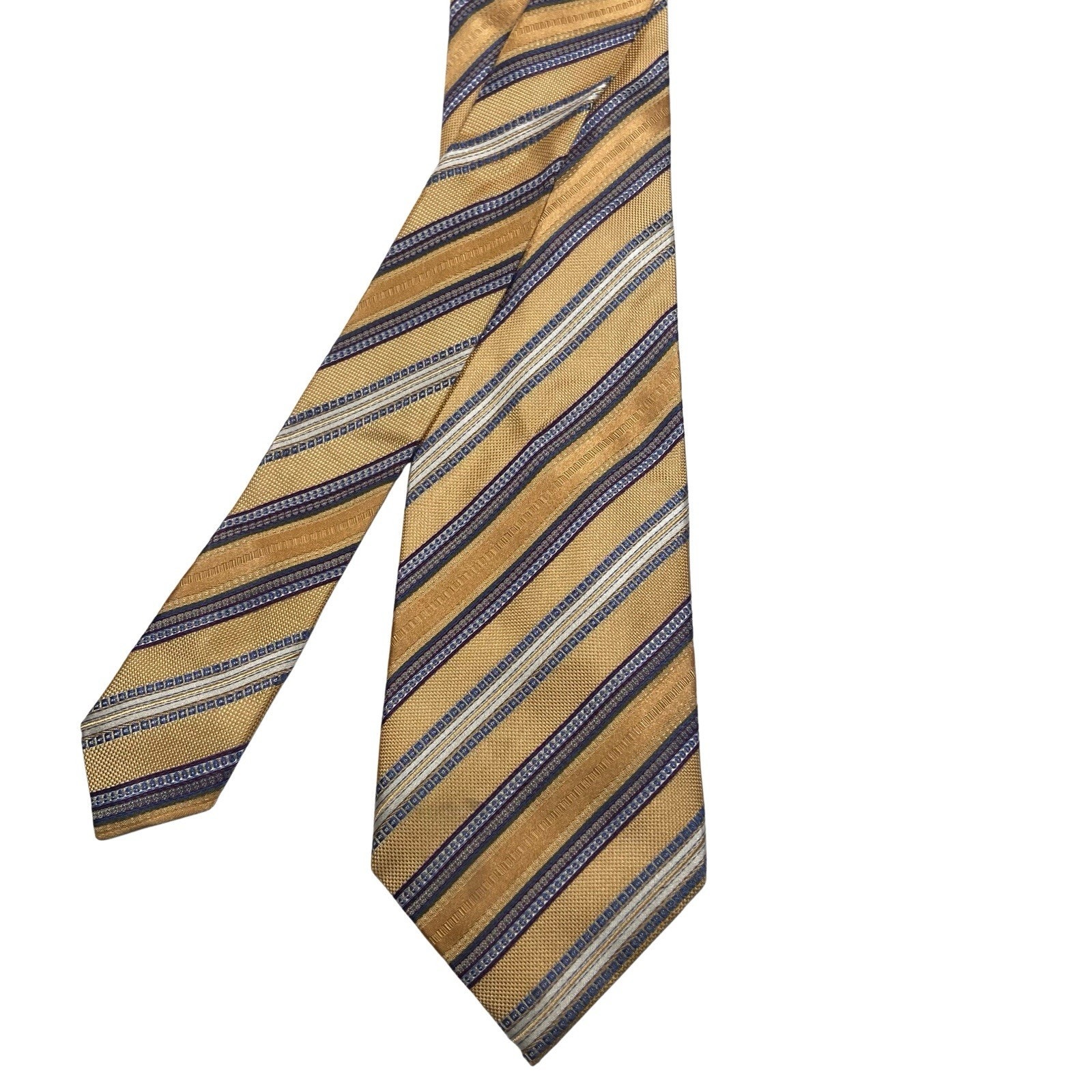 Daniel De Fasson Silk Tie 3.5x60 Gold Blue Striped Handmade